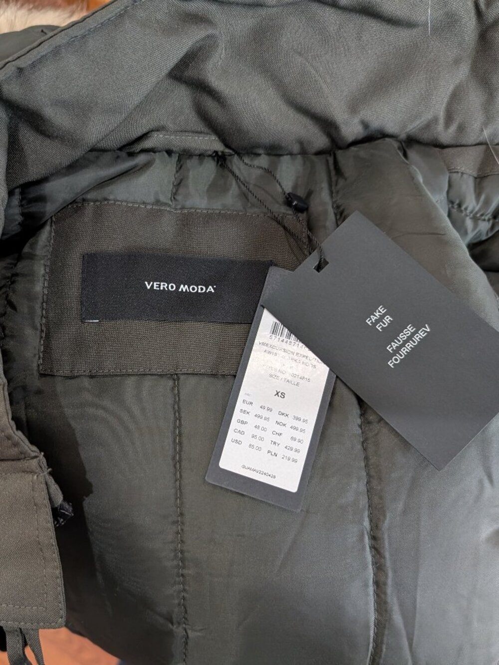 NWT ASOS Vero Moda faux fur hooded parka Khaki Size XS